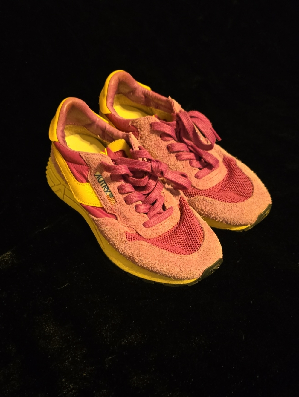 Women's Pink and Yellow Autry Suede-Trim Sneakers